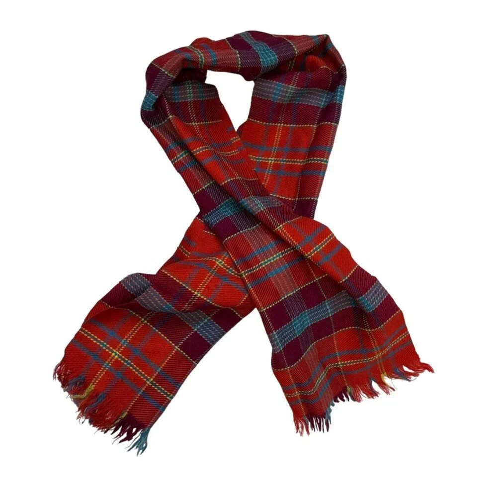 Burnished Orange red wool vintage plaid scarf 63x13